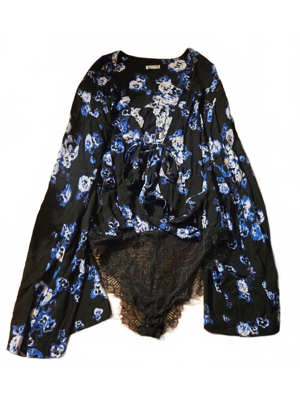 Free People Intimately Black Blue Floral Bell Sleeve Lace Thong Bodysuit XS